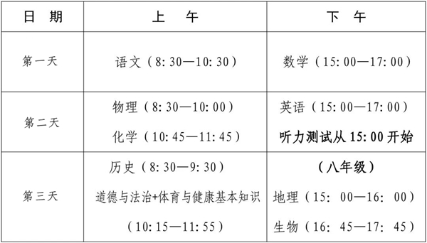 2024年莆田中考时间是几月几号,具体各科目时间安排一览表